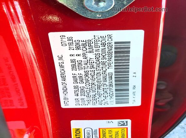 1HGCV1F38KA144433 2019 HONDA ACCORD Red Вид підкапотного простору