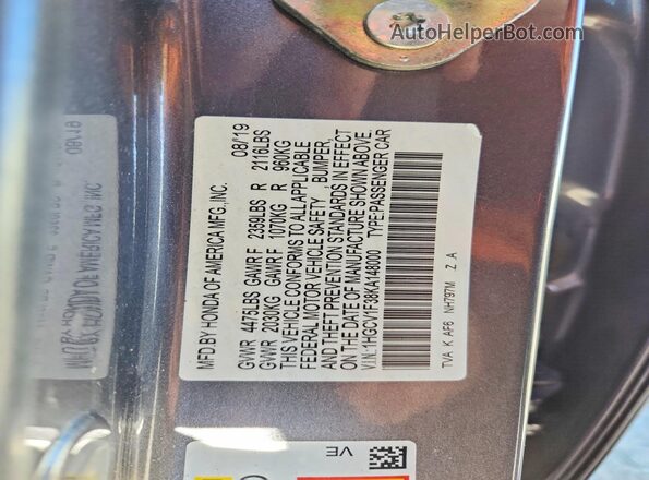 1HGCV1F38KA148000 2019 HONDA ACCORD Серый Вид подкапотного пространства