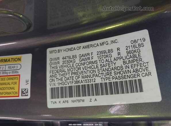 1HGCV1F38KA153312 2019 HONDA ACCORD Gray Engine compartment view