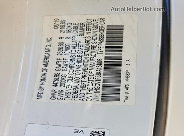 1HGCV1F38KA154508 2019 HONDA ACCORD White Вид підкапотного простору