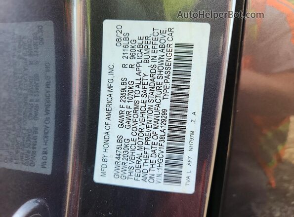 1HGCV1F38LA129299 2020 HONDA ACCORD Gray Widok komory silnika