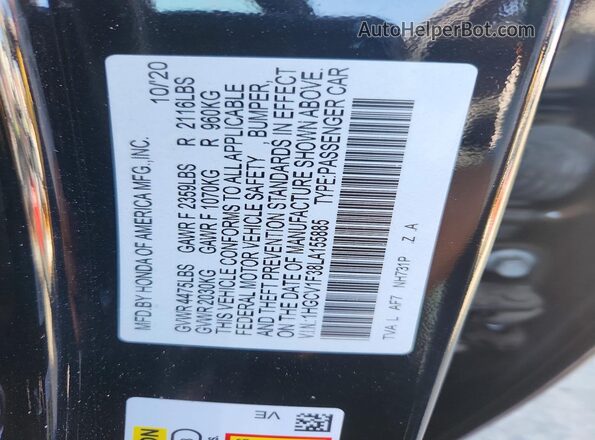 1HGCV1F38LA155885 2020 HONDA ACCORD Black Вид підкапотного простору