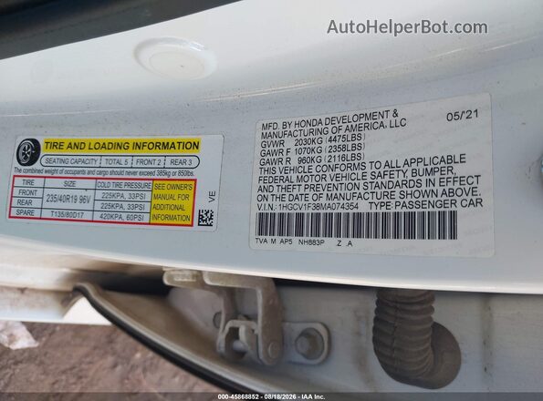 1HGCV1F38MA074354 2021 HONDA ACCORD White ძრავის განყოფილების ხედი
