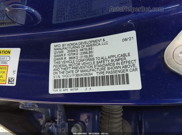1HGCV1F38MA098394 2021 HONDA ACCORD Blue Widok komory silnika