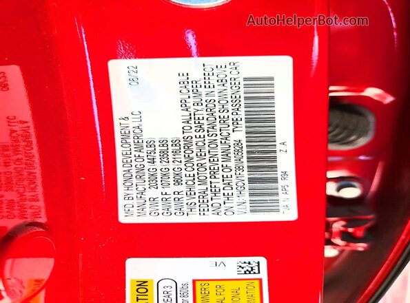 1HGCV1F38NA058284 2022 HONDA ACCORD Красный Вид наклейки с VIN-кодом