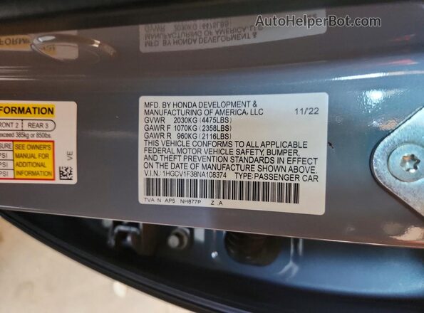 1HGCV1F38NA108374 2022 HONDA ACCORD Gray Вид підкапотного простору