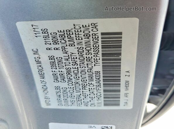 1HGCV1F39JA043058 2018 HONDA ACCORD Silver ძრავის განყოფილების ხედი