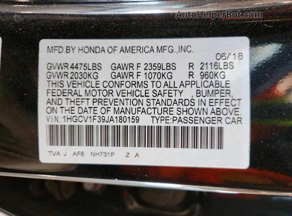 1HGCV1F39JA180159 2018 HONDA ACCORD Black VIN sticker view