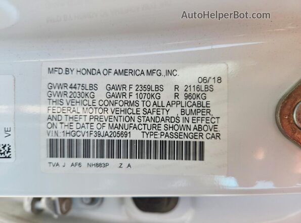 1HGCV1F39JA205691 2018 HONDA ACCORD White ძრავის განყოფილების ხედი