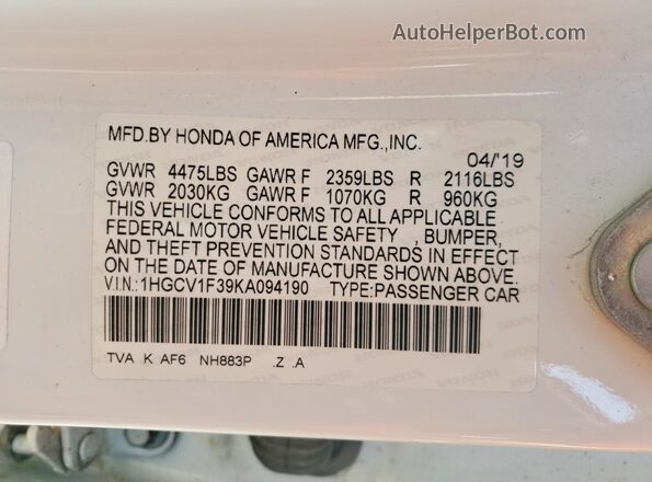 1HGCV1F39KA094190 2019 HONDA ACCORD White Engine compartment view