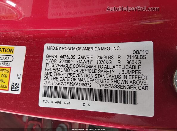 1HGCV1F39KA165372 2019 HONDA ACCORD Red Vista del compartimento del motor