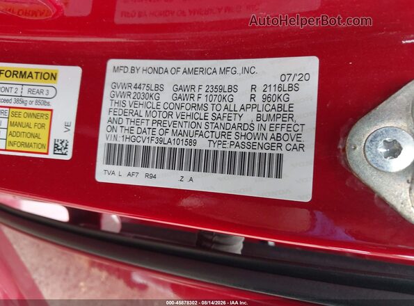 1HGCV1F39LA101589 2020 HONDA ACCORD Red Vista del compartimento del motor