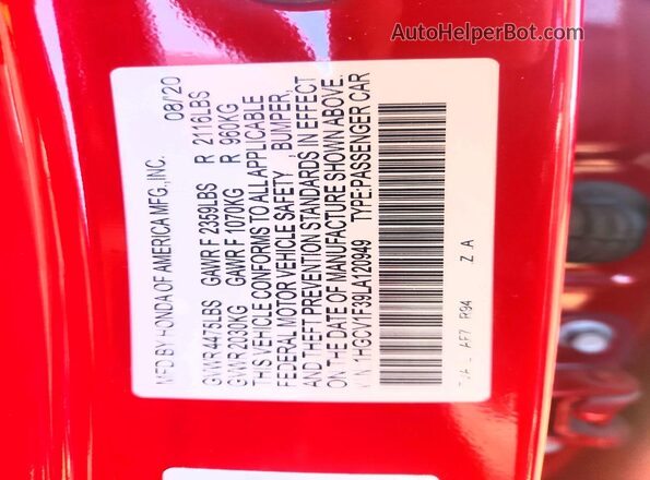 1HGCV1F39LA120949 2020 HONDA ACCORD Red VIN კოდის სტიკერის ხედი