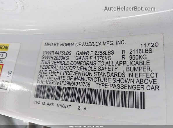 1HGCV1F39MA013756 2021 HONDA ACCORD Белый Вид подкапотного пространства