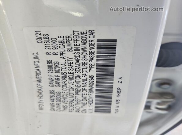1HGCV1F39MA052945 2021 HONDA ACCORD White Vista del compartimento del motor