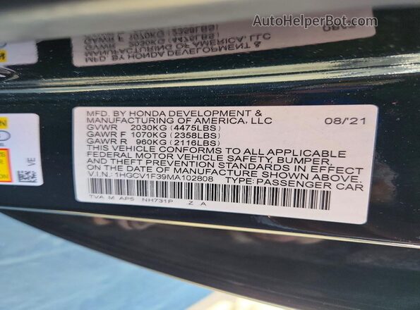 1HGCV1F39MA102808 2021 HONDA ACCORD Black Vista del compartimento del motor