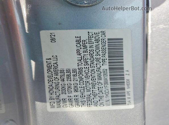 1HGCV1F39MA106552 2021 HONDA ACCORD Silver Вид підкапотного простору