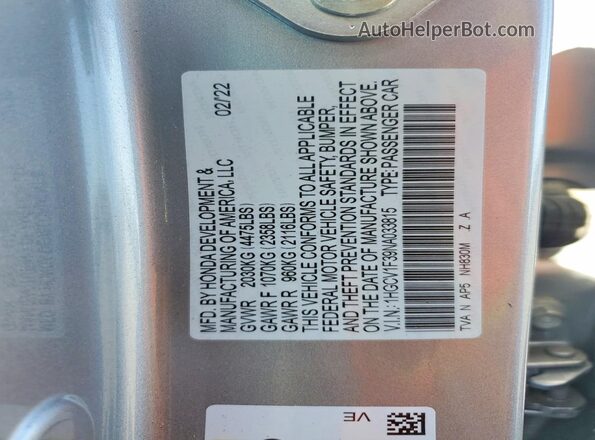 1HGCV1F39NA033815 2022 HONDA ACCORD Silver Vista del compartimento del motor