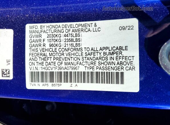1HGCV1F39NA079967 2022 HONDA ACCORD Blue Widok komory silnika