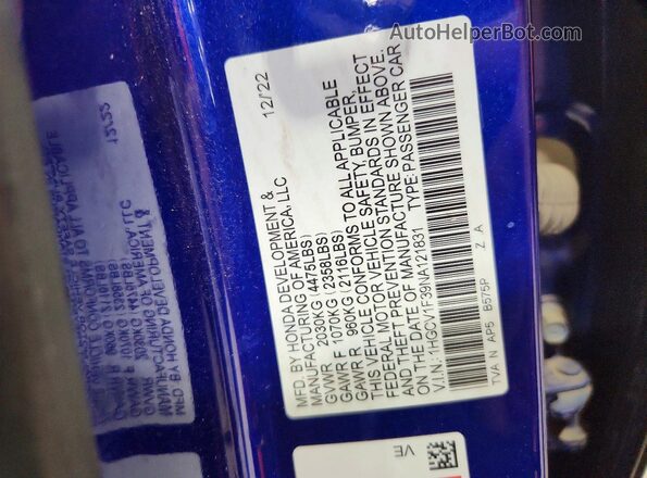 1HGCV1F39NA121831 2022 HONDA ACCORD Blue Vista de la etiqueta del VIN