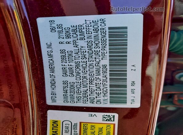 1HGCV1F3XJA190246 2018 HONDA ACCORD Red ძრავის განყოფილების ხედი