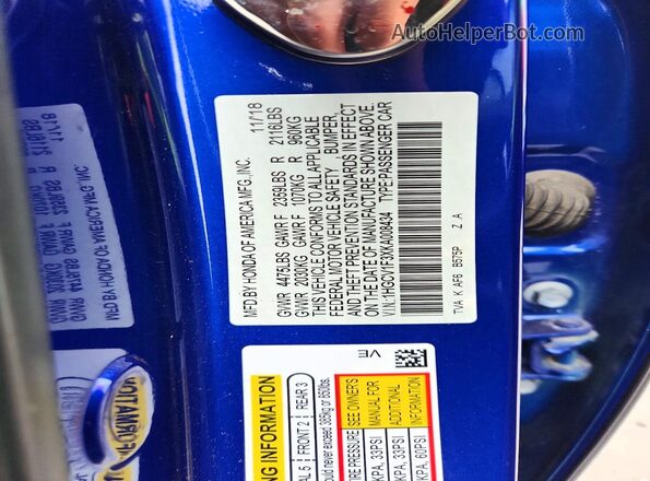 1HGCV1F3XKA008434 2019 HONDA ACCORD Blue Widok naklejki z numerem VIN