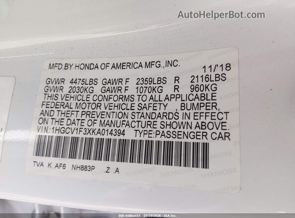1HGCV1F3XKA014394 2019 HONDA ACCORD White Вид підкапотного простору