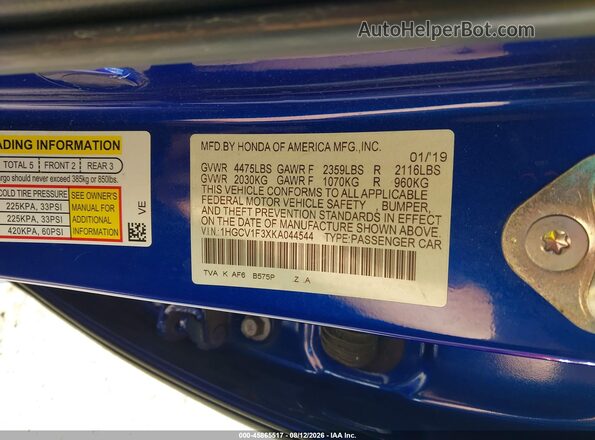 1HGCV1F3XKA044544 2019 HONDA ACCORD Dark Blue Vista del compartimento del motor