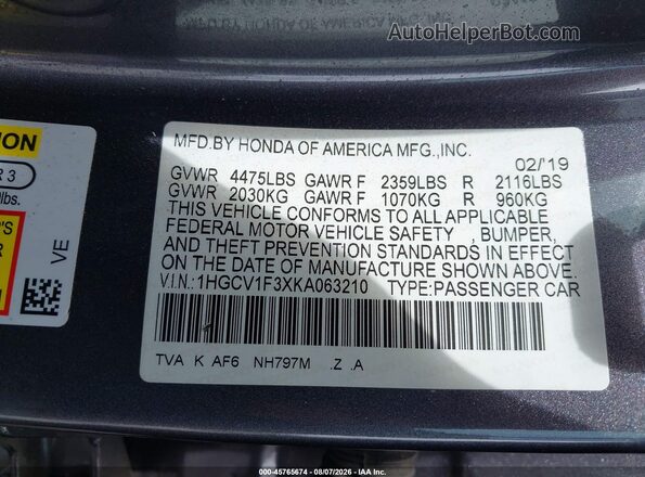 1HGCV1F3XKA063210 2019 HONDA ACCORD Gray ძრავის განყოფილების ხედი
