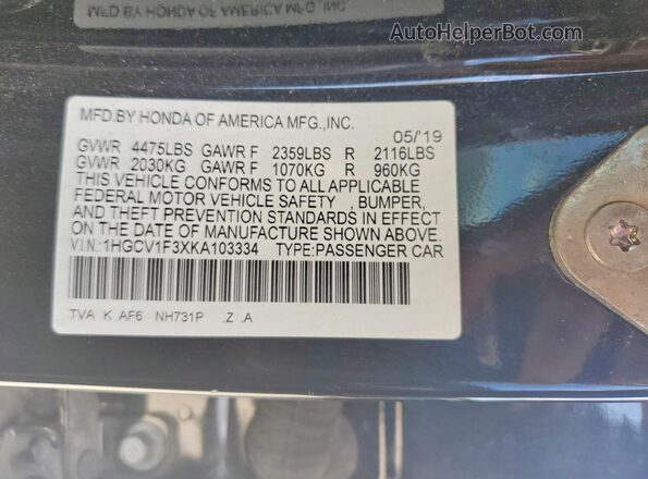 1HGCV1F3XKA103334 2019 HONDA ACCORD Черный Вид подкапотного пространства