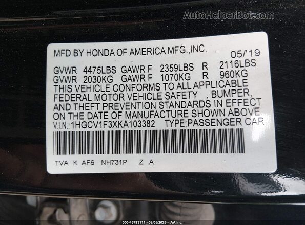 1HGCV1F3XKA103382 2019 HONDA ACCORD Black Engine compartment view