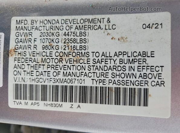 1HGCV1F3XMA067101 2021 HONDA ACCORD Two Tone Engine compartment view