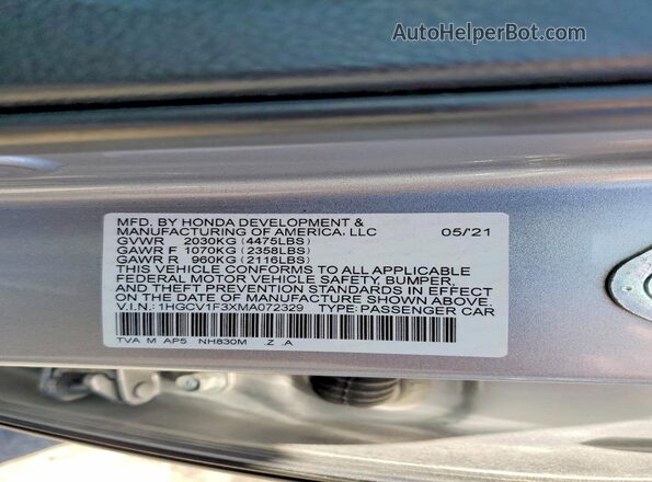 1HGCV1F3XMA072329 2021 HONDA ACCORD Silver Engine compartment view