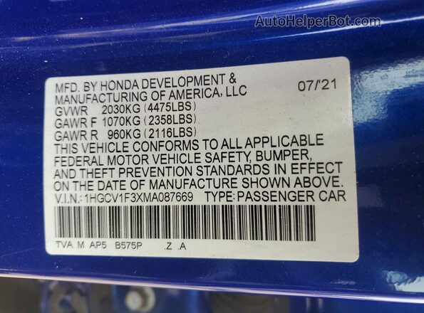 1HGCV1F3XMA087669 2021 HONDA ACCORD Blue Շարժիչի բաժամունքի տեսք
