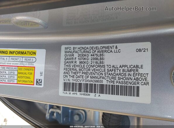 1HGCV1F3XMA098655 2021 HONDA ACCORD Silver Widok komory silnika
