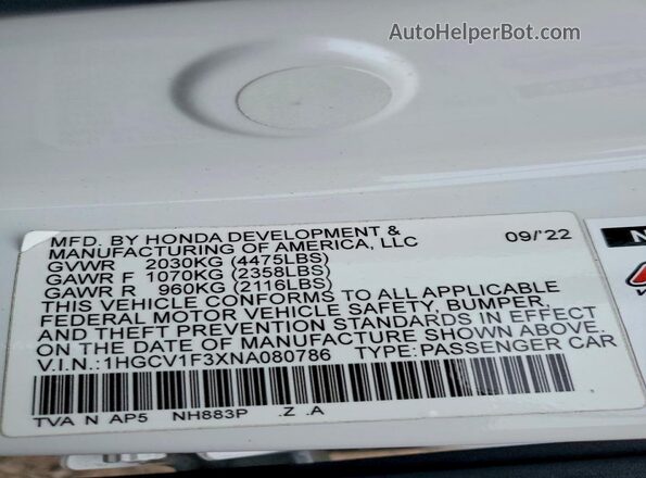 1HGCV1F3XNA080786 2022 HONDA ACCORD White Вид наклейки з VIN-кодом