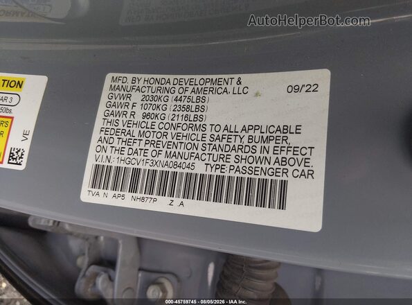 1HGCV1F3XNA084045 2022 HONDA ACCORD Blue Շարժիչի բաժամունքի տեսք