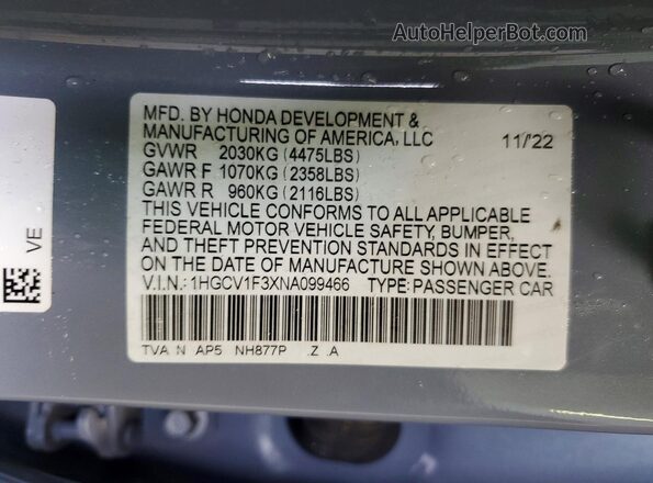 1HGCV1F3XNA099466 2022 HONDA ACCORD Gray Вид підкапотного простору