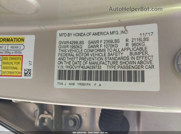 1HGCV1F40JA039733 2018 HONDA ACCORD Beige Շարժիչի բաժամունքի տեսք