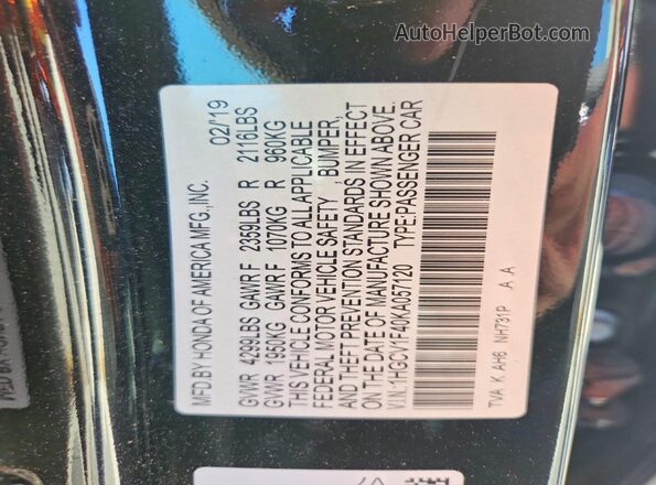 1HGCV1F40KA057120 2019 HONDA ACCORD Black Widok komory silnika