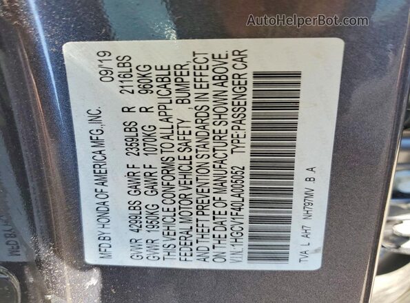 1HGCV1F40LA005052 2020 HONDA ACCORD Gray Widok komory silnika