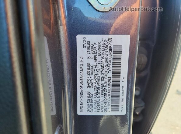 1HGCV1F40LA105992 2020 HONDA ACCORD Gray VIN კოდის სტიკერის ხედი