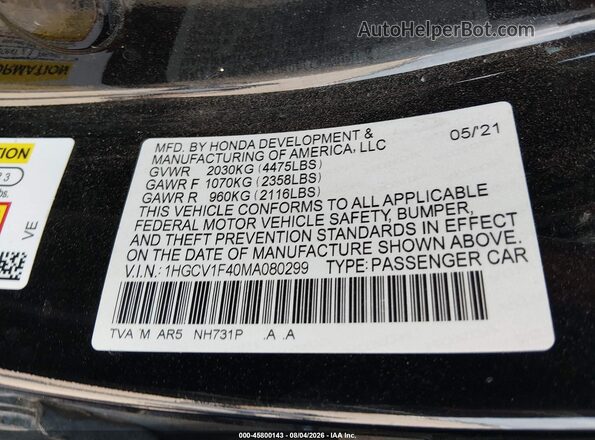 1HGCV1F40MA080299 2021 HONDA ACCORD Black Вид підкапотного простору