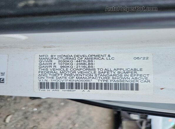 1HGCV1F40NA060667 2022 HONDA ACCORD Белый Вид подкапотного пространства