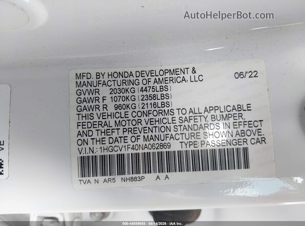 1HGCV1F40NA062869 2022 HONDA ACCORD White Вид підкапотного простору