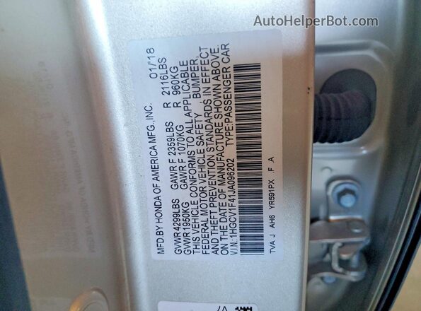 1HGCV1F41JA096202 2018 HONDA ACCORD Silver Vista del compartimento del motor