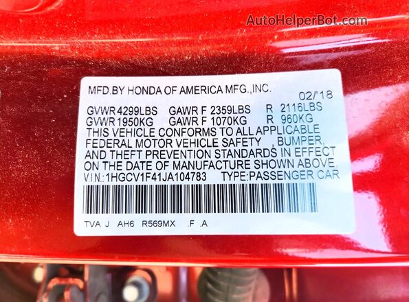 1HGCV1F41JA104783 2018 HONDA ACCORD Red Widok komory silnika