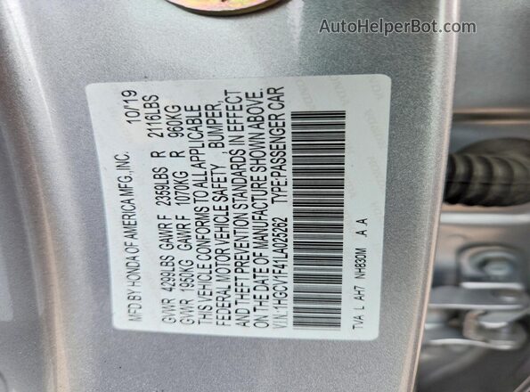 1HGCV1F41LA025262 2020 HONDA ACCORD Silver Вид наклейки з VIN-кодом