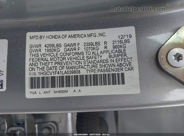 1HGCV1F41LA039808 2020 HONDA ACCORD Silver Շարժիչի բաժամունքի տեսք