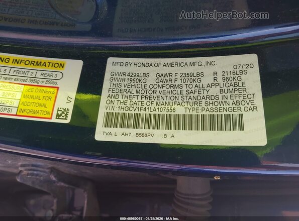 1HGCV1F41LA107556 2020 HONDA ACCORD Blue Շարժիչի բաժամունքի տեսք